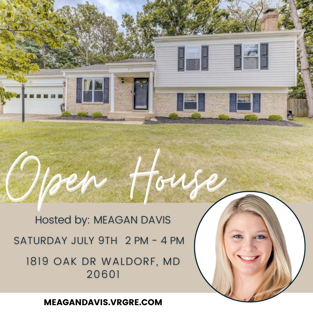 🏡OPEN HOUSE
WOW! 🤩 Tour this Beautiful Split-Level in Waldorf
✅ 3 bed/2.5 bath
✅ 1728 sq ft
✅ &amp; More!
More: bit.ly/3rXY2nA
Meagan Davis - REALTOR®
VR Group | eXp Realty
📲 240.577.0854
☎️ 443.968.2671
meagan.davis@vrgre.com
meagandavis.vrgre.com
#VRG #eXp #MDHomes