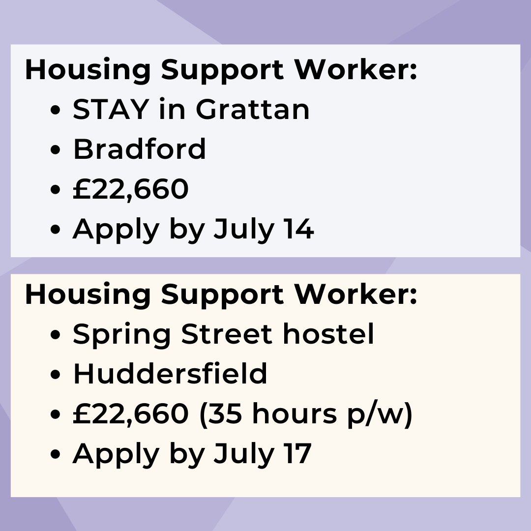 🚨 NEW JOB OPPORTUNITIES!

We have four Housing Support Worker job vacancies in Bradford and Huddersfield. 

Apply today using the link below!
ow.ly/A2Mo50JQAcp 

#WeAreHiring #BradfordJobs #Kirkleesjobs