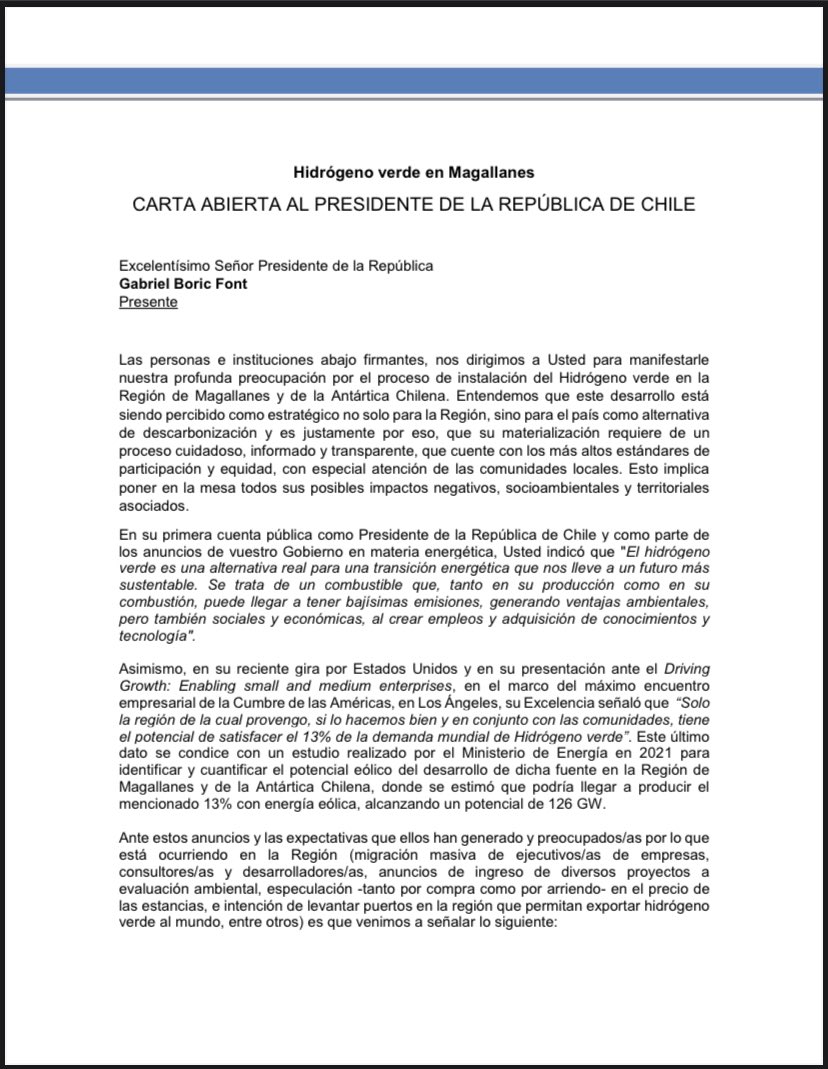 cemm_chile's tweet photo. Nos adherimos a la carta enviada al Presidente Gabriel Boric @gabrielboric por representantes de diferentes organizaciones cientificas y ambientales respecto al Hidrogeno Verde en la Región de Magallanes (1/2) https://t.co/mVuhmD8fLP