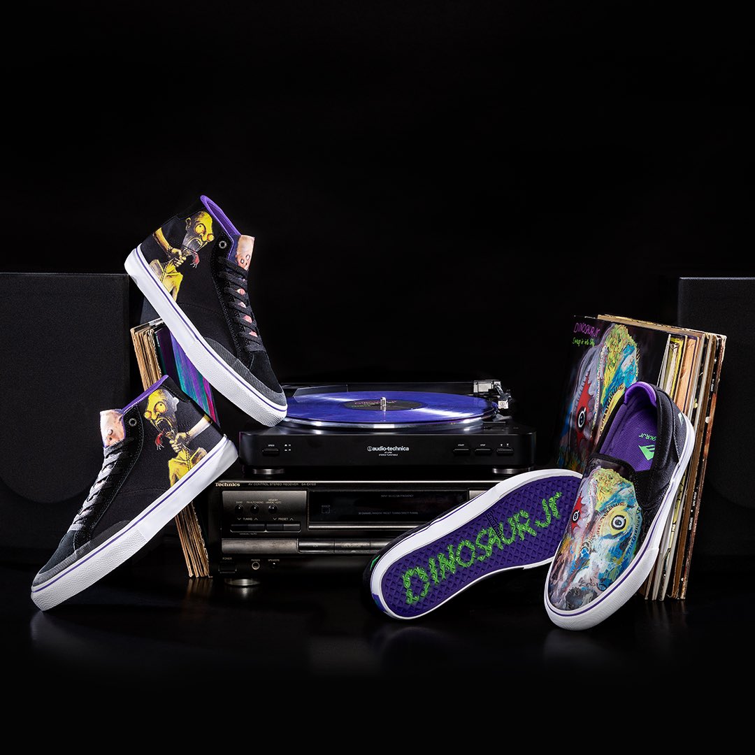 Emerica's tweet photo. The Emerica X @DinosaurJr collection featuring the #OmenHi with illustrated artwork from their “Feel The Pain” single and the #WinoG6 Slip-On with artwork from their latest album, “Sweep It Into Space”. Available now at skate shops.
#ThisIsEmerica 

👉 https://t.co/HVTxqisCm6 https://t.co/881ig09SHp