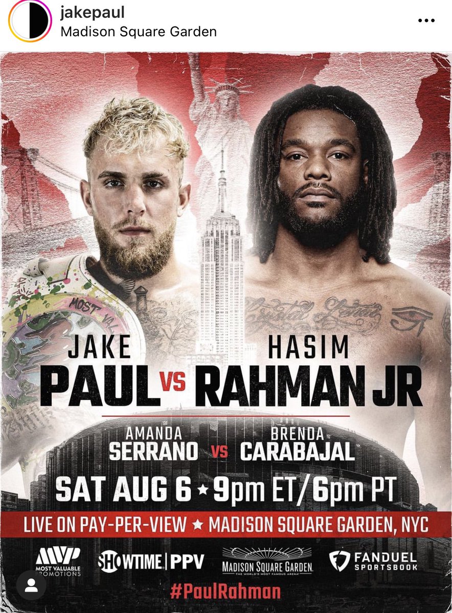 bjfloresboxing's tweet photo. JAKE PAUL 5-0 
V
HASIM RAHMAN Jr 12-1
August 6 ,#MSG
Jake fighting better opposition than ANY 5-0 fighter out there. #ProblemChild https://t.co/05eVotUR0f