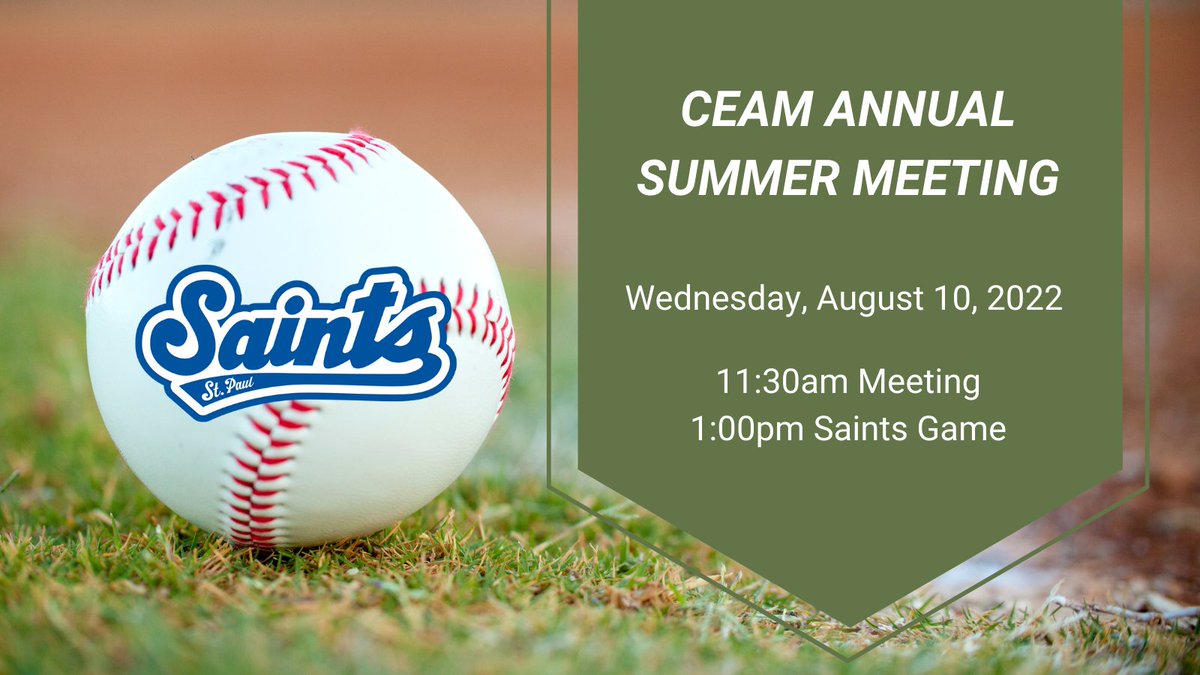 CEAM_org's tweet photo. #Baseball and your #CEAM buddies, what could be better? ⚾ Don't miss the 2022 Summer Meeting on August 10 beginning at 11:30am, followed by a @StPaulSaints game at 1pm. Register by July 13 at https://t.co/ylNMGFXFOc. https://t.co/LsJHV2QbAR