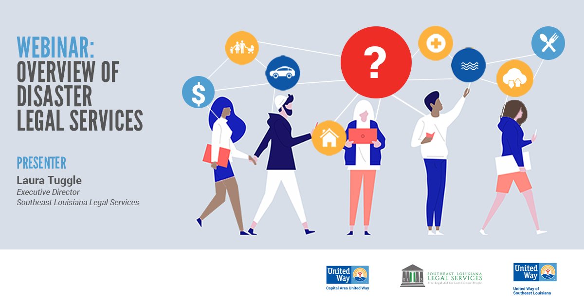 Don't miss this webinar if your organization works in disaster preparation or response. 🌀

<a href="/SLLSHelps/">SLLS</a> Executive Director Laura Tuggle will share an overview of disaster legal services available in our community on Monday, July 18, at noon.

Register: bit.ly/3yXIGDL