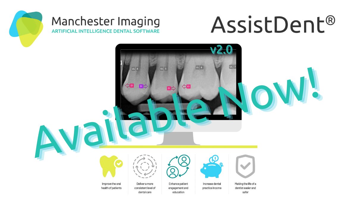 AssistDent v2.0 is NOW available to download and trial FREE for 7 days! 
manchester-imaging.com/getting-starte…
New Features:*Improved caries detection *Caries grading - E1/E2 &amp; D (Dentine) *Auto tooth labelling e.g. UR.6 #PreventiveDentistry #DentalAI #Dentists   #ManchesterImaging #AssistDent