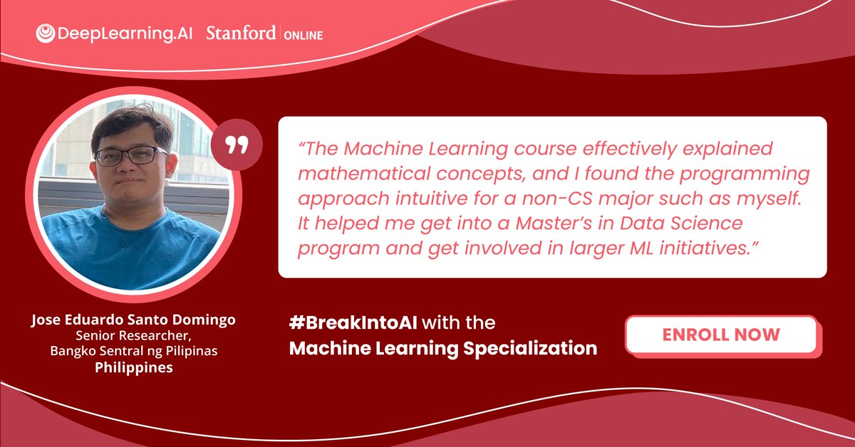 DeepLearningAI's tweet image. Anyone can be a deep learner like Jose Eduardo Santo Domingo, irrespective of their education, work experience, or stage in life. If you’re ready to #BreakIntoAI, enroll in the Machine Learning Specialization: bit.ly/393EuaT