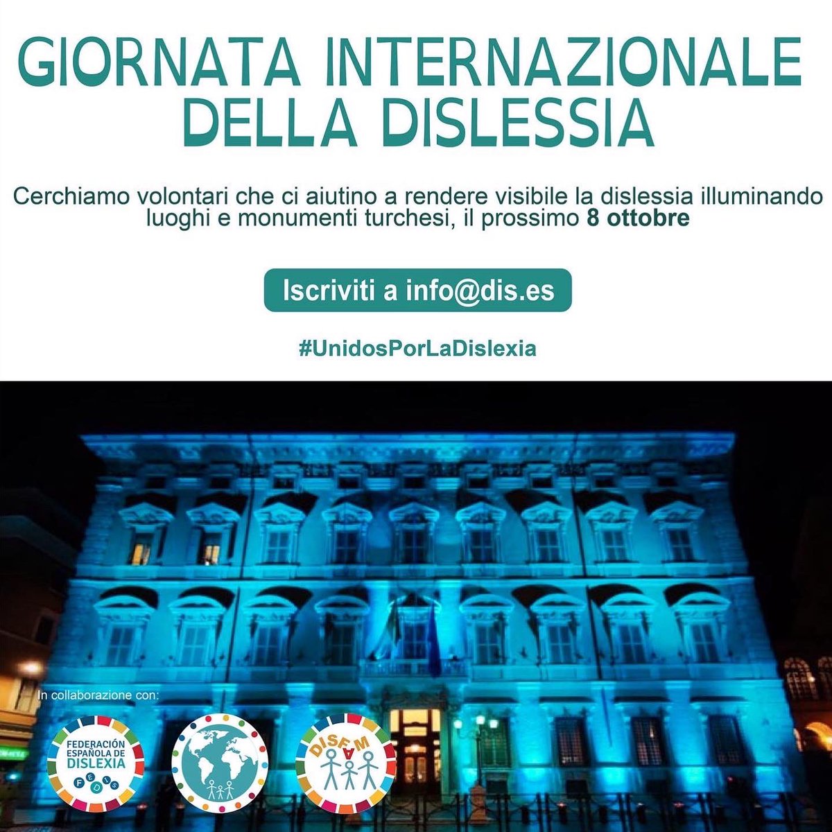 Disfam's tweet photo. 🏛 Ayúdanos a conseguir que diferentes lugares y monumentos se iluminen de turquesa el próximo 8 de octubre con motivo del Día Internacional de la Dislexia. 

📨 Súmate a la campaña #UnidosPorLaDislexia enviando un email a info@dis.es

📸 @Congreso_Es 
@UN
@UNESCO 
@UNICEF 
@WHO https://t.co/ooLKf9B9KN