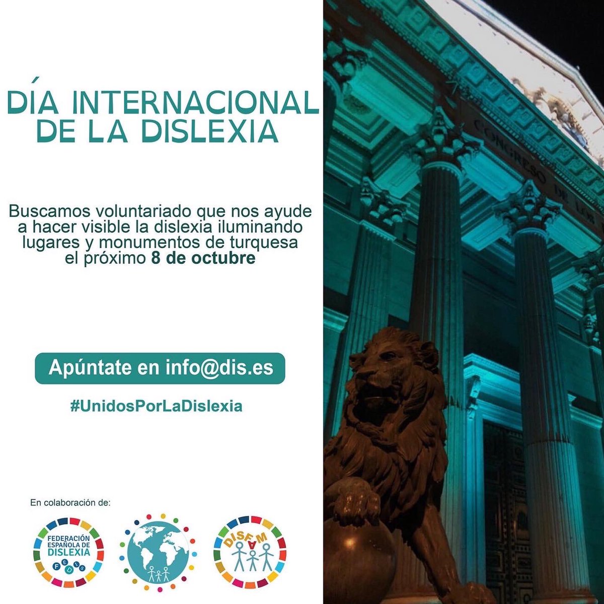 Disfam's tweet photo. 🏛 Ayúdanos a conseguir que diferentes lugares y monumentos se iluminen de turquesa el próximo 8 de octubre con motivo del Día Internacional de la Dislexia. 

📨 Súmate a la campaña #UnidosPorLaDislexia enviando un email a info@dis.es

📸 @Congreso_Es 
@UN
@UNESCO 
@UNICEF 
@WHO https://t.co/ooLKf9B9KN