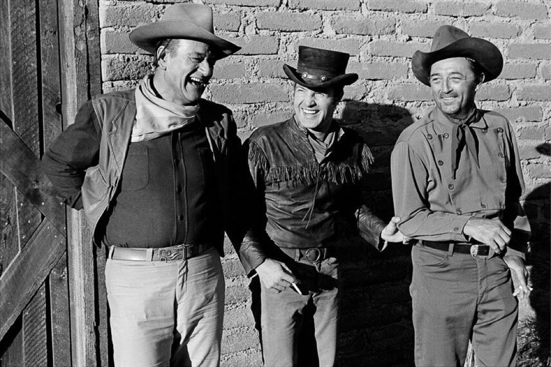 Robert Mitchum, John Wayne and James Caan on set of El Dorado