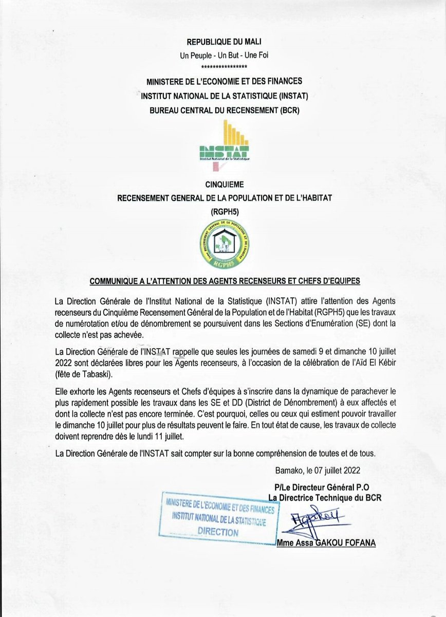 RGPH5MALIBCR's tweet photo. Communiqué de l'#INSTAT à l'attention des Agents recenseurs et des Chefs d'équipes du #RGPH5 relatif à la poursuite des travaux de numérotation et/ou de dénombrement dans les Sections d’Enumération (SE) dont la collecte n’est pas achevée. 👇 https://t.co/mWf79xgFE1
