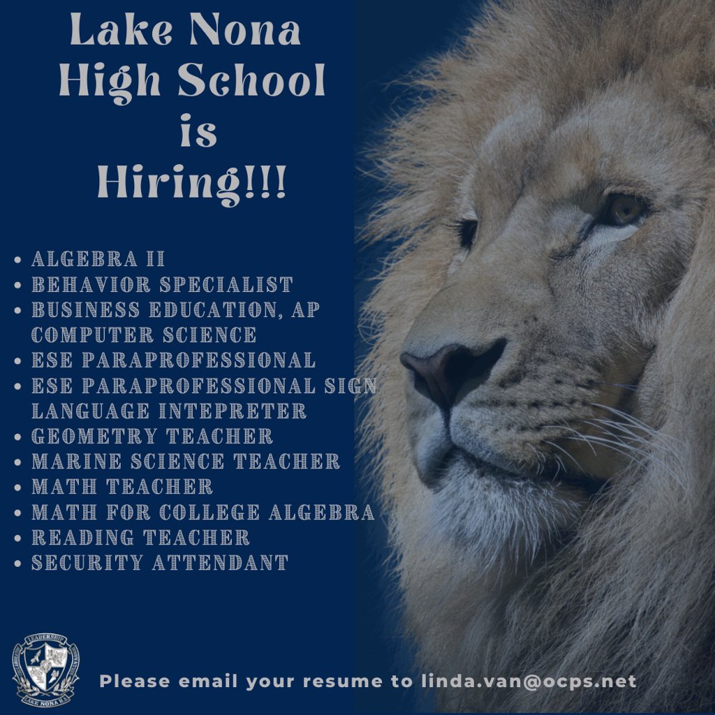 Lake Nona High (@lakenonahigh) on Twitter photo Lake Nona High School is hiring! Please email your resume to linda.van@ocps.net if you are interested in applying for the vacancies at Lake Nona High School. Lake Nona High School is hiring! Please email your resume to linda.van@ocps.net if you are interested in applying for the vacancies at Lake Nona High School.