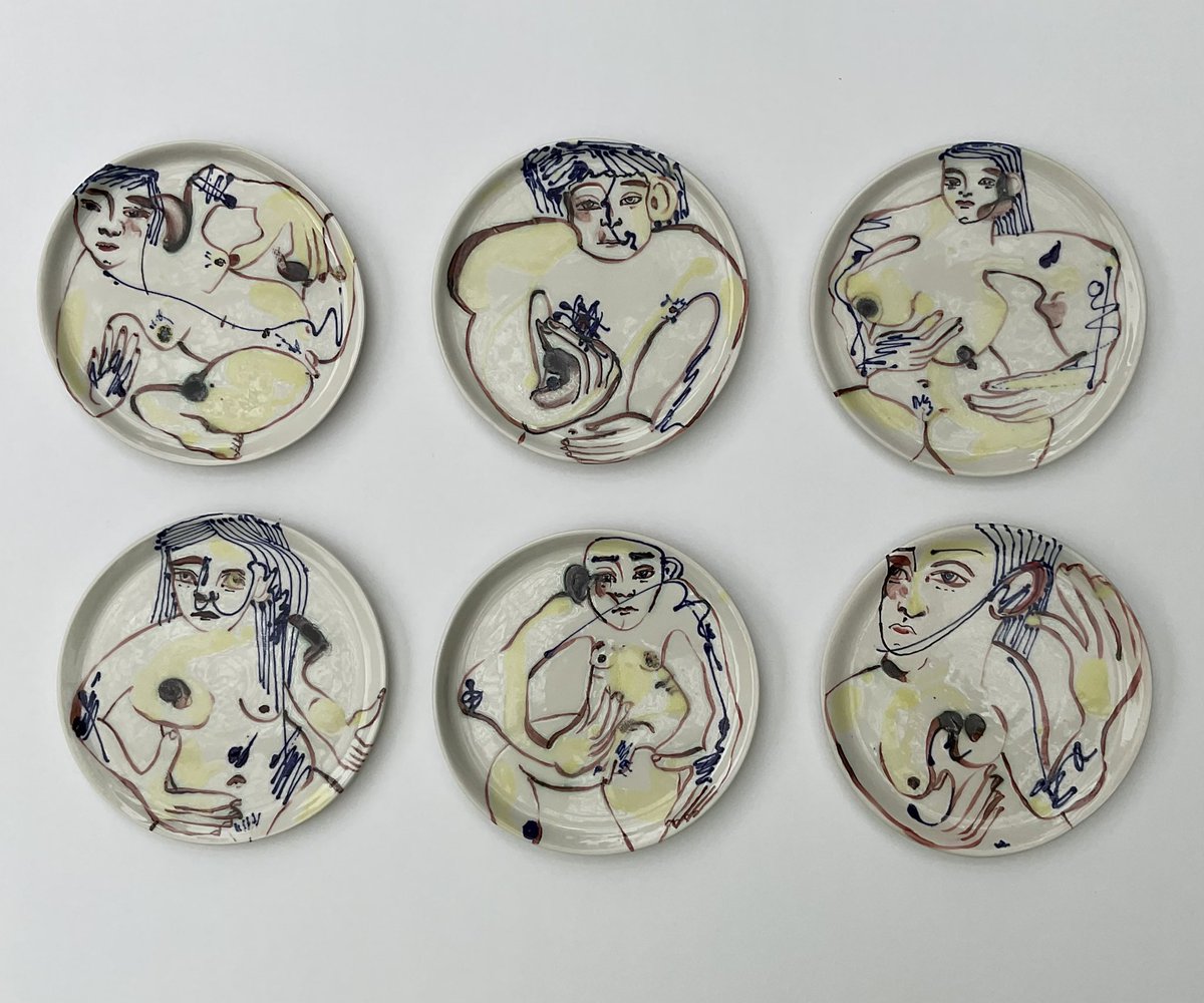 PaulKindersley's tweet photo. Set of six #sideplates made in collaboration with #elsbottema ceramicist - a family of portraits that can move around the table in different constellations couples or groups! #stoneware with various glazes https://t.co/VbALDRvojE