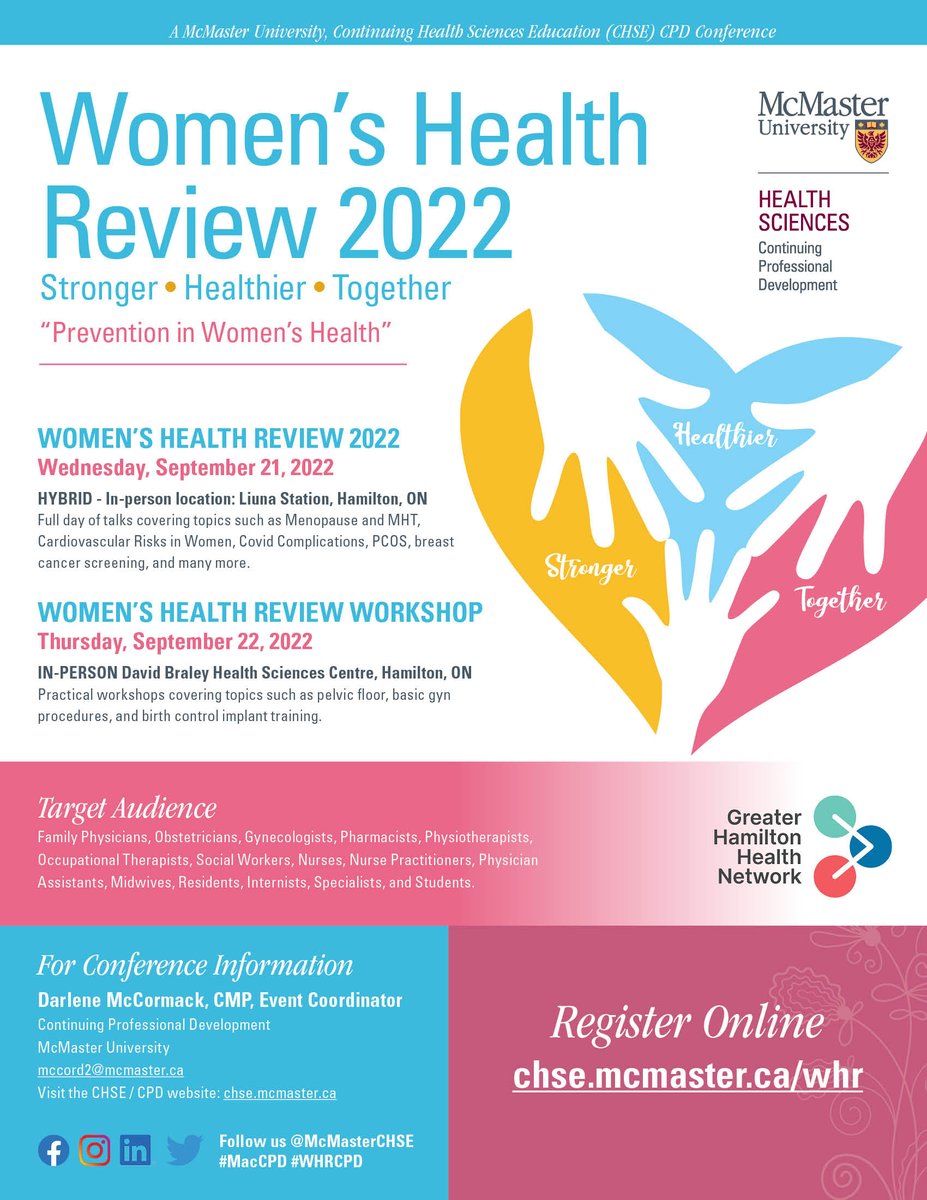 McMasterCPD's tweet photo. Register for Women's Health Review 2022 #WHRCPD
This in-person event will be held at
@LIUNAStation Sept 21 w/hybrid, & at David Braley Health Sciences Centre Sept 22. View the brochure for talks + full details: https://t.co/LqMaUUgNe5
#women #MacCPD @GHHN_TheNetwork https://t.co/fHx8YtxVdP