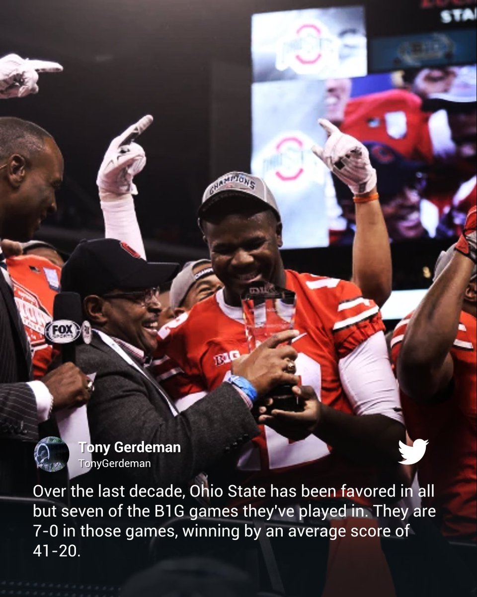 OhioStateOnBTN's tweet photo. Most impressive stat? 😲

A. 7-0 record
B. Underdog just 7 times
C. 3-TD margin of victory https://t.co/VZVNS4cb4L