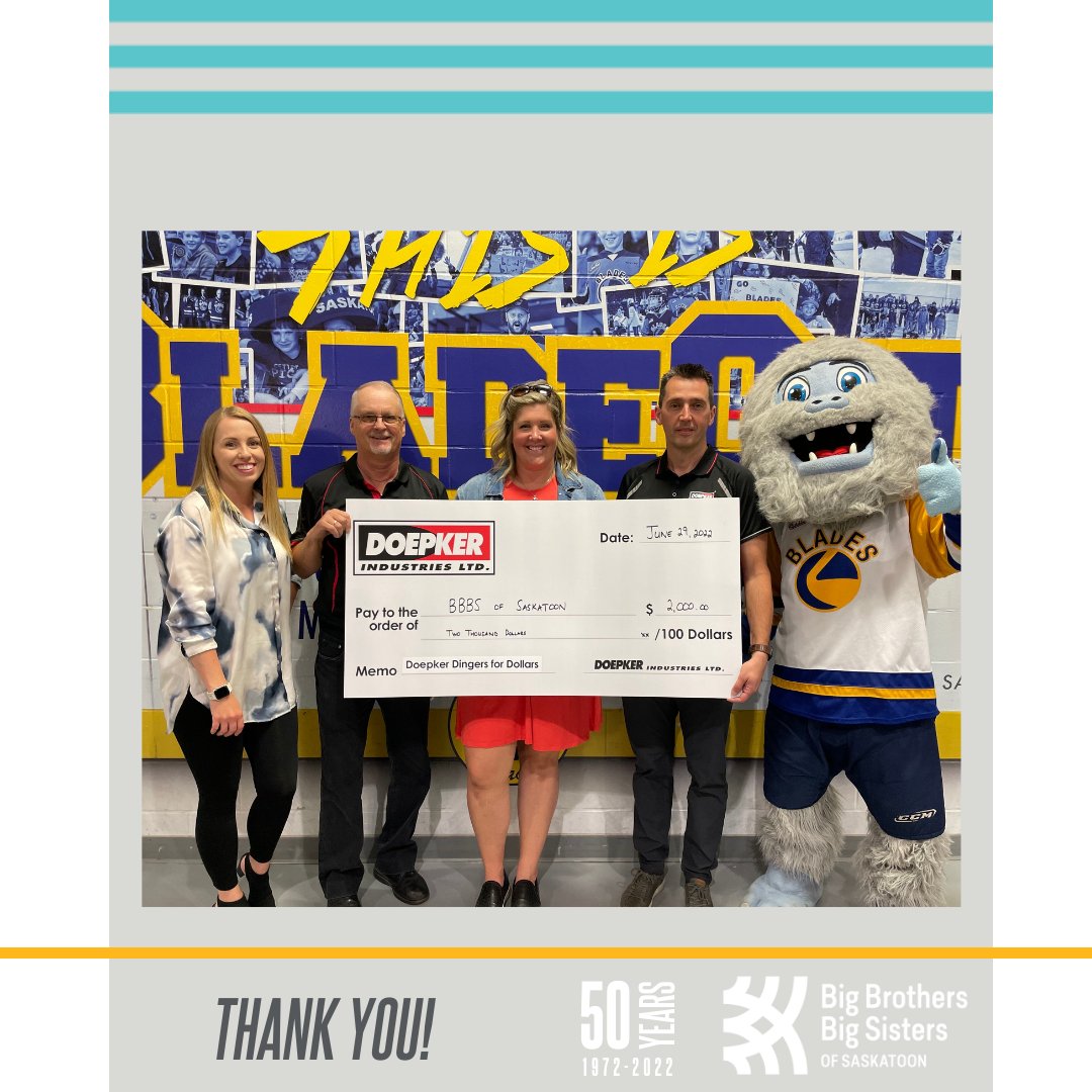 #ThankfulThursday 

Thank you to Doepker Industries Ltd for choosing BBBS Saskatoon as the recipient charity for ‘Doepker’s Dinging for Dollars’! Doepker donated $30 every time the puck hit the goal post during a 2021/2022 Blades regular season game.