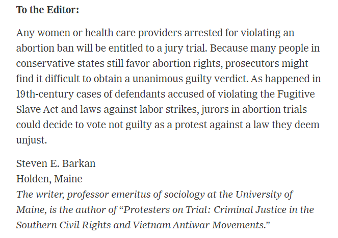 Maine <a href="/SSNScholars/">Scholars Strategy Network (bsky: @scholars.org)</a> member Steve Barkan has a letter to the editor in the <a href="/nytimes/">The New York Times</a> on the post-Dobbs legal situation of those facing prosecution for violation of state-level abortion bans. See below or at: nytimes.com/2022/07/07/opi…