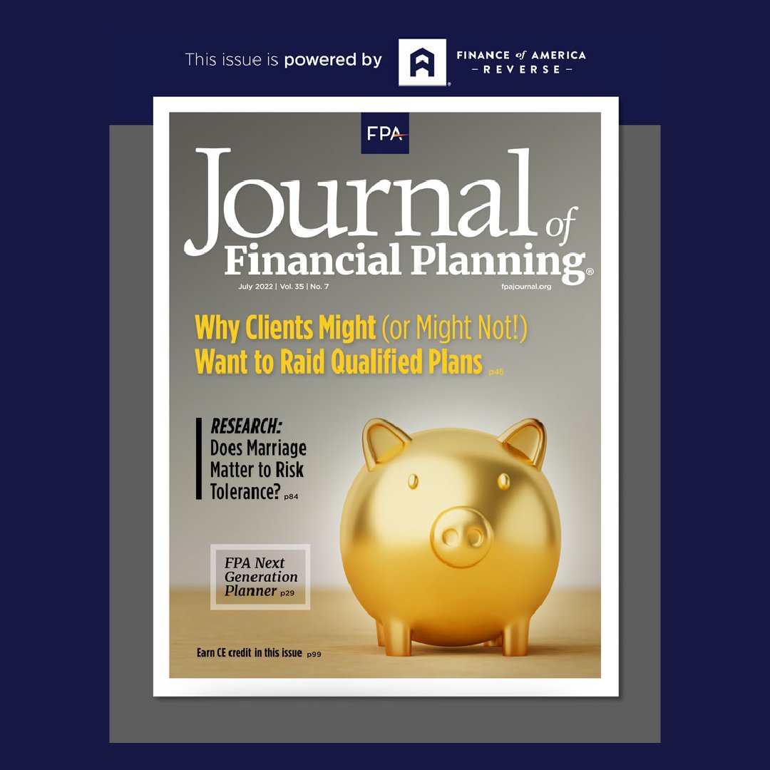 FPAJournal's tweet photo. The July issue of the Journal of Financial Planning is out now! Read about Why Clients Might (or Might Not!) Want to Raid Qualified Plans and more here: https://t.co/fhMPZ05tBR
#journaloffinancialplanning #jfp #financialplanning https://t.co/jMyrsGwP3I