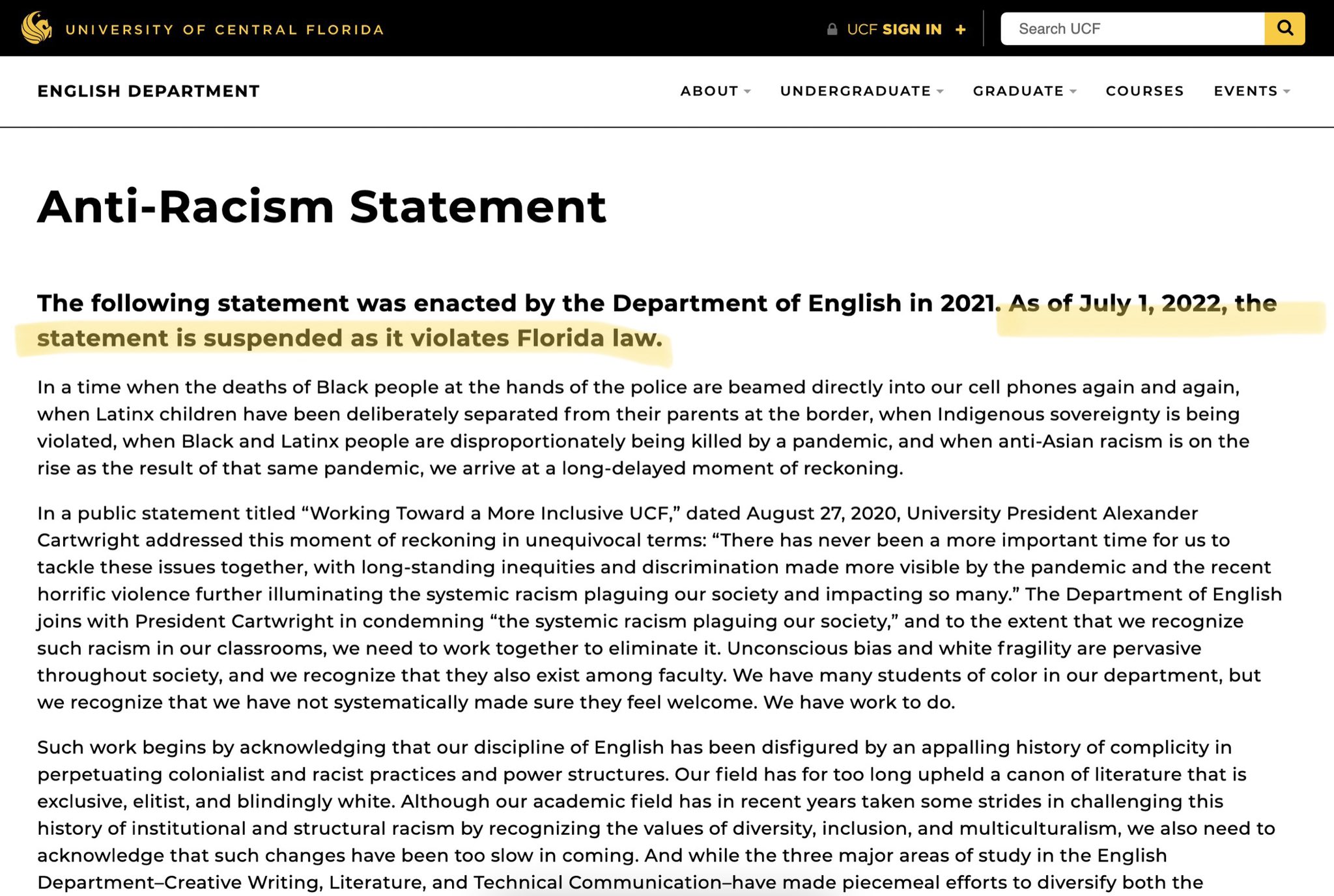 Screenshot of anti-racism statement being suspended due to Florida law.