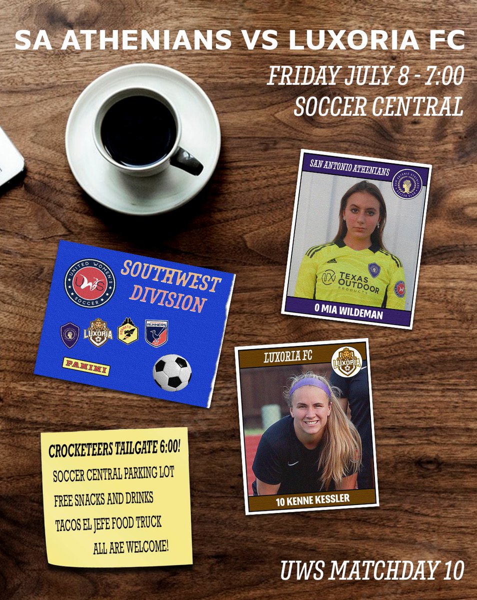 Catch a <a href="/UWSSoccer/">United Women's Soccer (UWS)</a> classic tomorrow night at Soccer Central! It's your last chance to see the Athenians at home this season, #AthenaFamily 💜

⚽️ <a href="/SA_Athenians/">San Antonio Athenians SC</a> vs <a href="/LuxoriaFc/">Luxoria Fc</a> 
📅 Friday July 8, 7:00
🏟️ <a href="/SoccerCentralSA/">Soccer Central San Antonio</a> (6610 Low Bid Lane)
🛻 <a href="/Crocketteers/">Crocketteers</a> Tailgate at 6:00