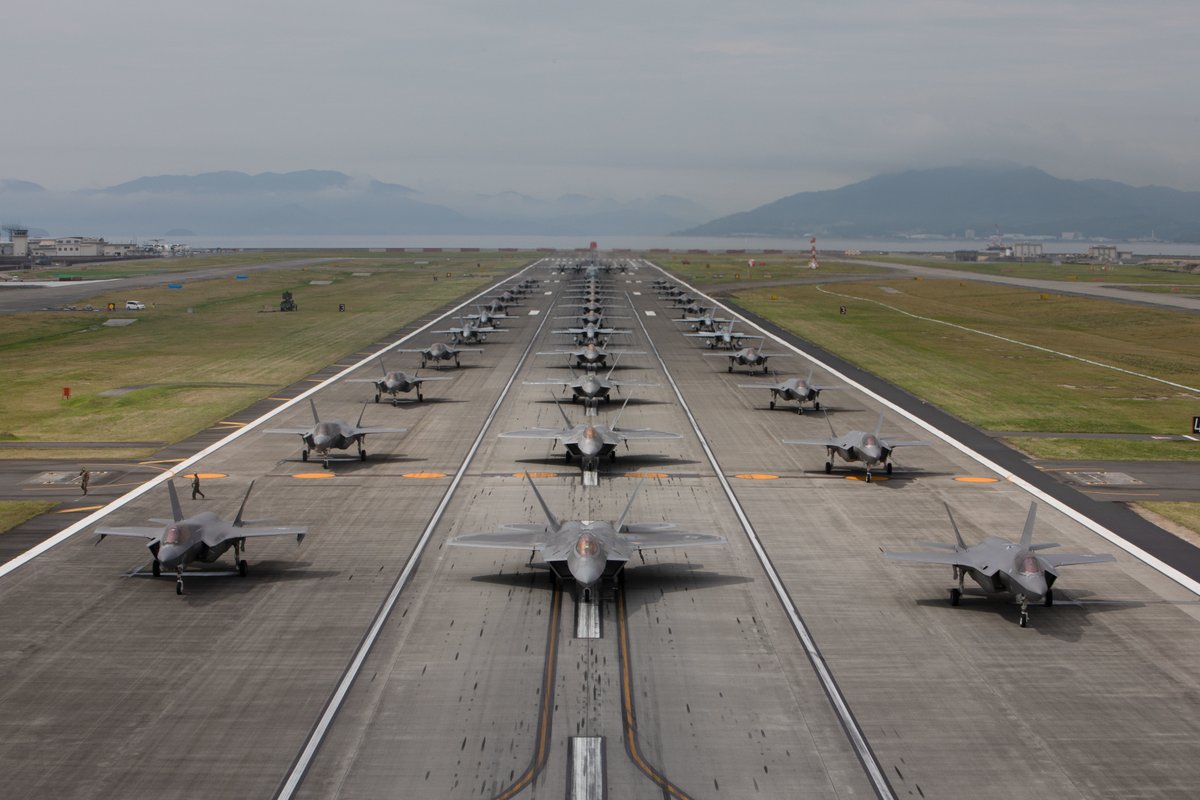 USMC's tweet photo. Marine Aircraft Group 12 and the @usairforce performed a capabilities demonstration during a pre-planned exercise at Marine Corps Air Station Iwakuni, Japan, July 7.

The demonstration showcased high levels of readiness to support a #FreeAndOpenIndoPacific. https://t.co/k9lfHG9aLw