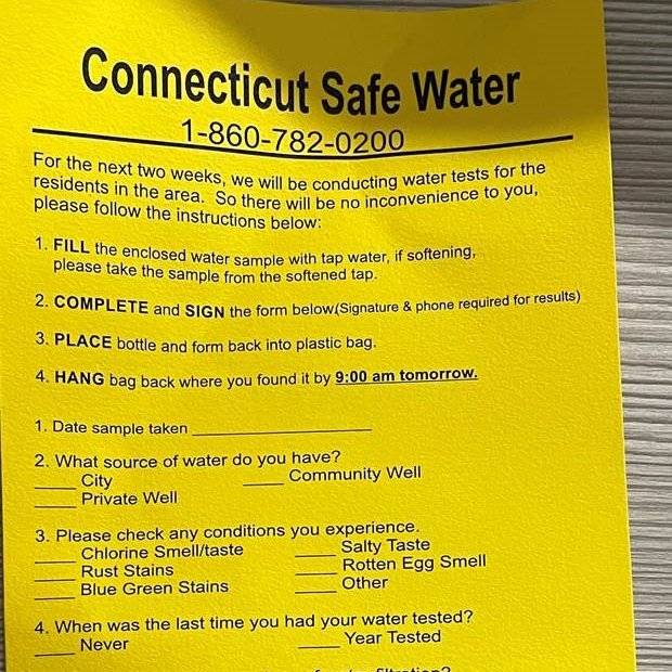 These door hangers from "Connecticut Safe Water" are not affiliated with any government agency, and there is absolutely no requirement to provide a water sample. If you have been misled or harmed by these hangers, I want to know.

Thanks to <a href="/AARPCT/">AARP Connecticut</a> for reporting this.