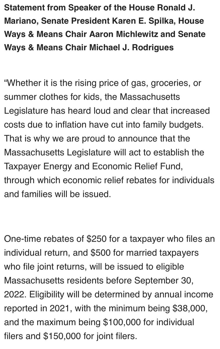 MattPStout's tweet photo. BREAKING: Mass. Democratic leaders announce plan that would send $250 one-time rebates to taxpayers by Sept. 30 to offset “costs due to inflation (that) have cut into family budgets.” Story tk https://t.co/HGjFWt9NaK