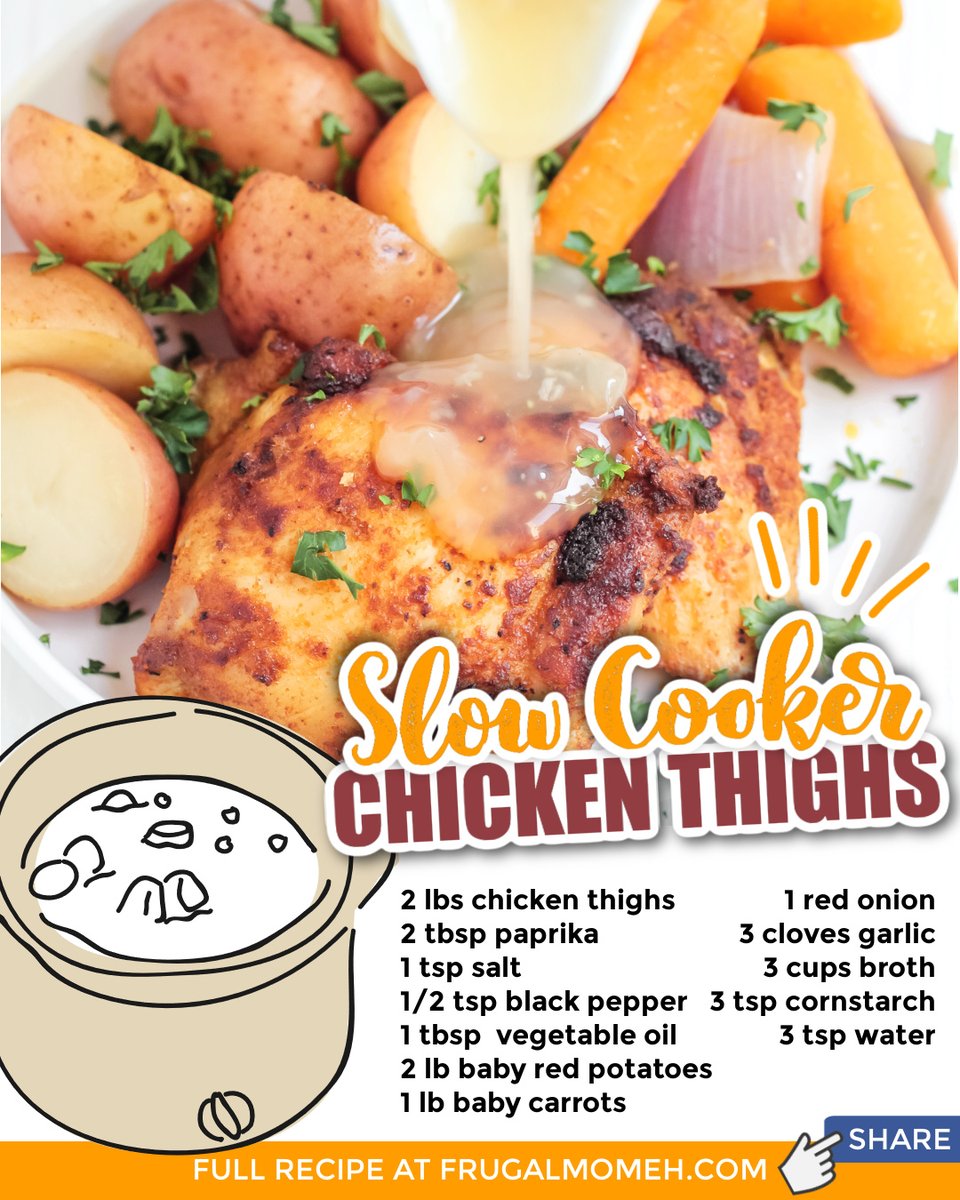 This easy slow cooker chicken thighs and potatoes recipe is perfect for a busy family. With carrots, it’s a crock pot meal that’s complete!

Get the FULL recipe &gt;&gt; frugalmomeh.com/slow-cooker-ch…