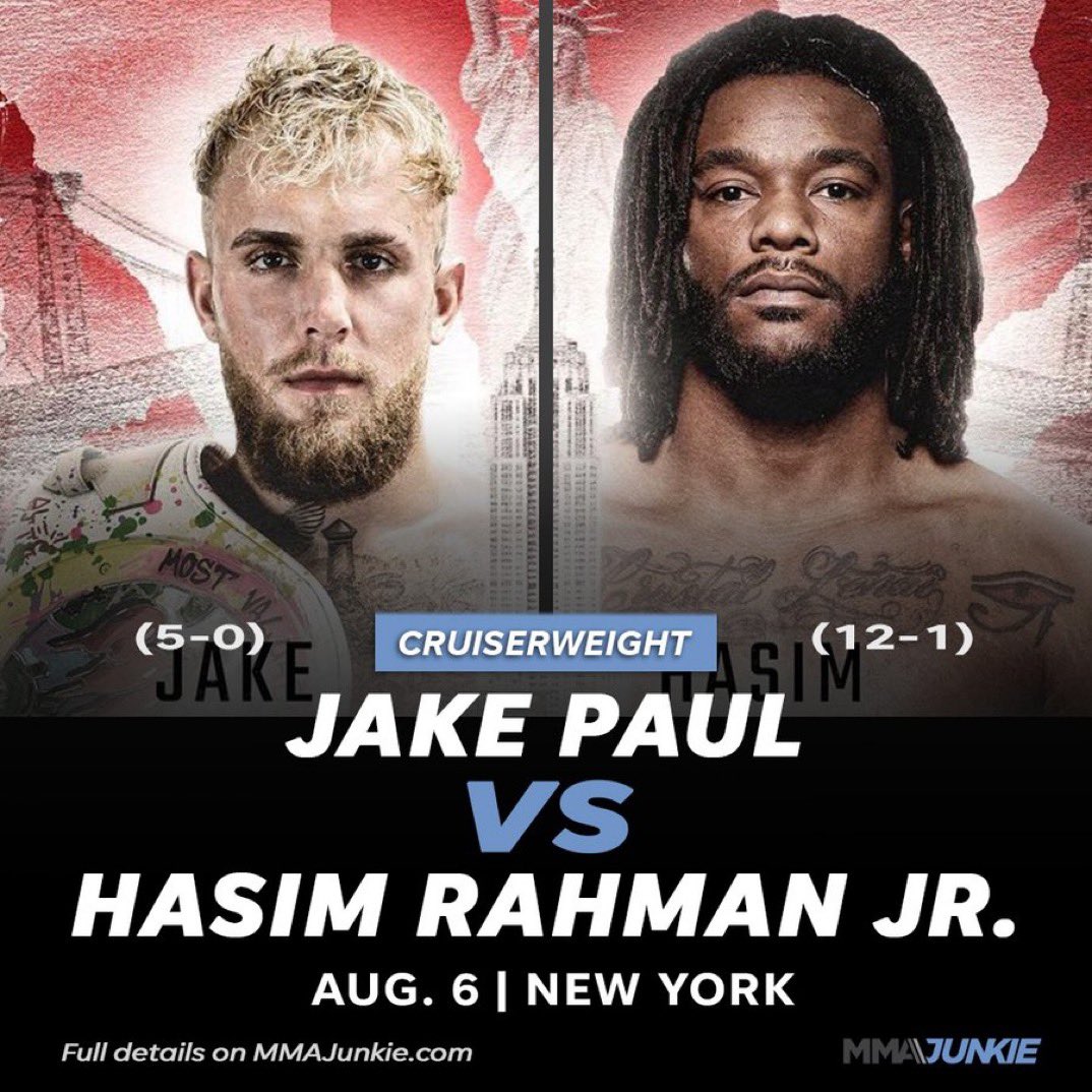 MMAJunkie's tweet photo. Jake Paul has a new opponent for Aug. 6. 👀

#PaulRahman: https://t.co/gCvQlIZtQc https://t.co/CakdWavvrb
