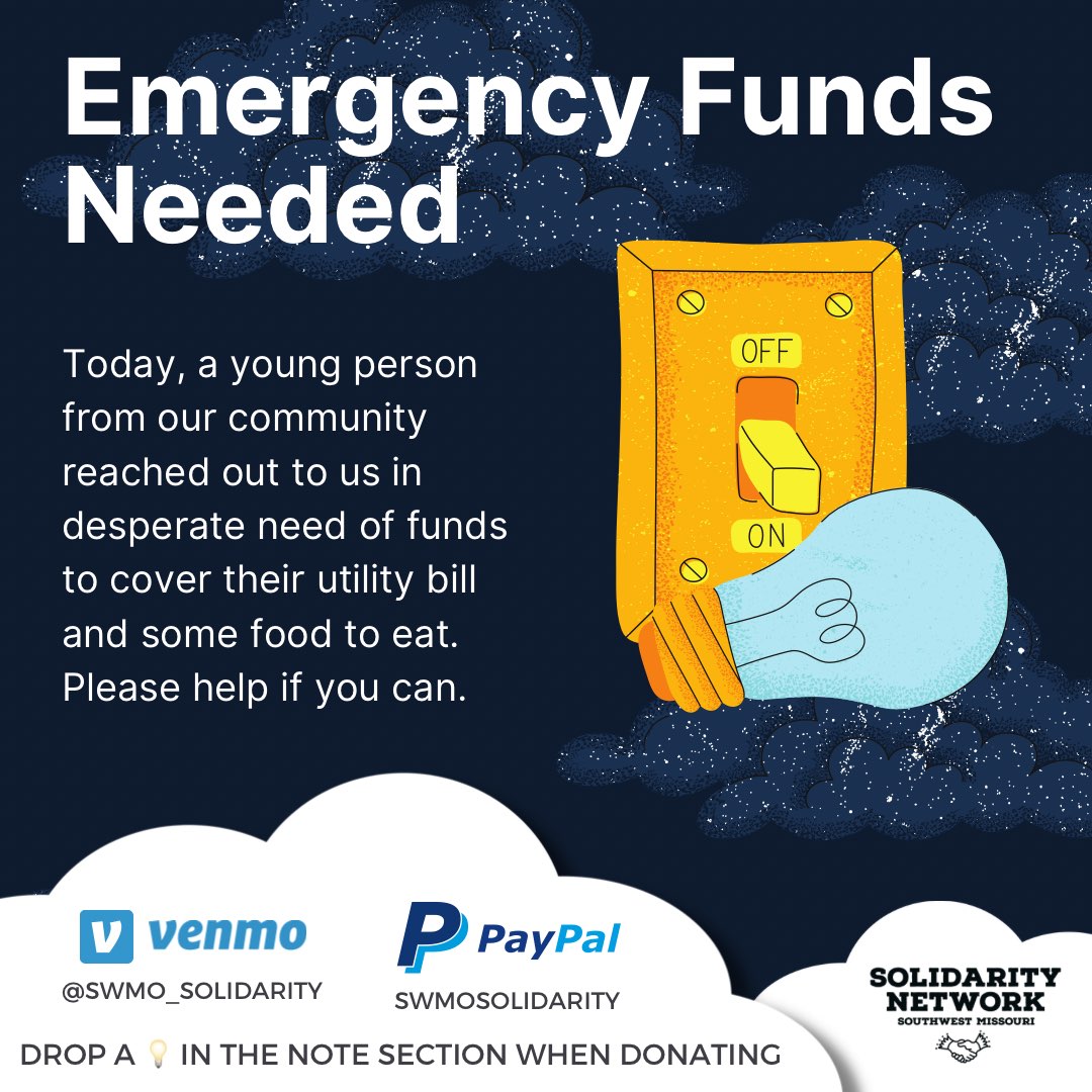 SWMO_Solidarity's tweet photo. If you can spare a few bucks please help keep this neighbor's utilities on today. Make sure to use the 💡 in your donation so we can separate these funds. Thank you for all you do for your community ❤ https://t.co/orq0BrMCNN