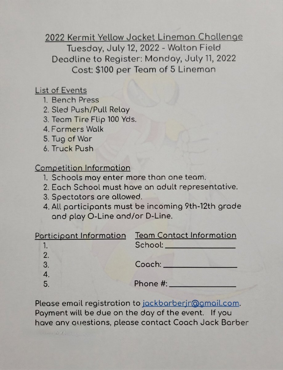 Jack Barber Jr., M.Ed. (@jackbarberjr) on Twitter photo Reminder that Kermit will be hosting a Lineman Challenge on Tuesday at 6 PM! If interested, please reach out! Haven't had very many teams contact me. Show the big guys some love and give them and opportunity to COMPETE!!! <a href="/N8Gens/">Nate Gensler</a> <a href="/Matt_Stepp817/">Matt Stepp</a> <a href="/CoachSheltonTX/">Coach Shelton</a> Reminder that Kermit will be hosting a Lineman Challenge on Tuesday at 6 PM! If interested, please reach out! Haven't had very many teams contact me. Show the big guys some love and give them and opportunity to COMPETE!!! <a href="/N8Gens/">Nate Gensler</a> <a href="/Matt_Stepp817/">Matt Stepp</a> <a href="/CoachSheltonTX/">Coach Shelton</a>