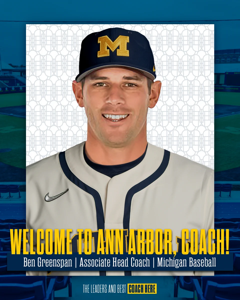 Photo depicts Ben Greenspan in a traditional head shot style photograph in a U-M baseball uniform and hat.