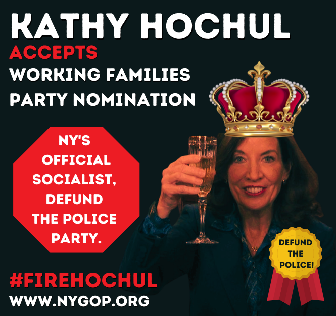 .<a href="/KathyHochul/">Kathy Hochul</a>  is New York's official "defund the police" candidate! She can word salad it any way she likes but the #1 mission on the Working Families Party platform is DEFUNDING the police. <a href="/leezeldin/">Lee Zeldin</a> is the only common-sense candidate on the November ballot!
