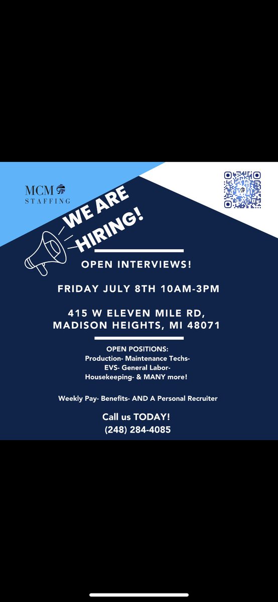 Come one come all! Grab a friend (or two) and head down to see us. 

Hiring on the spot. Bring an ID

#jobfair #getajob #hiring #mcmstaffing #apply #easyapplication #quickhire #hiringimmediately #staffing #staffingindustry #recruiting #findwork #jobsearch #michigan #mi #detroit