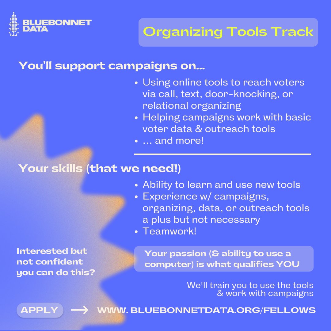 BluebonnetData's tweet photo. For our Type-A friends who are constantly mobilizing their group-chat : Check out our #OrganizingTools track for our Campaign Tech Fellowship! https://t.co/RqyEut1rPW