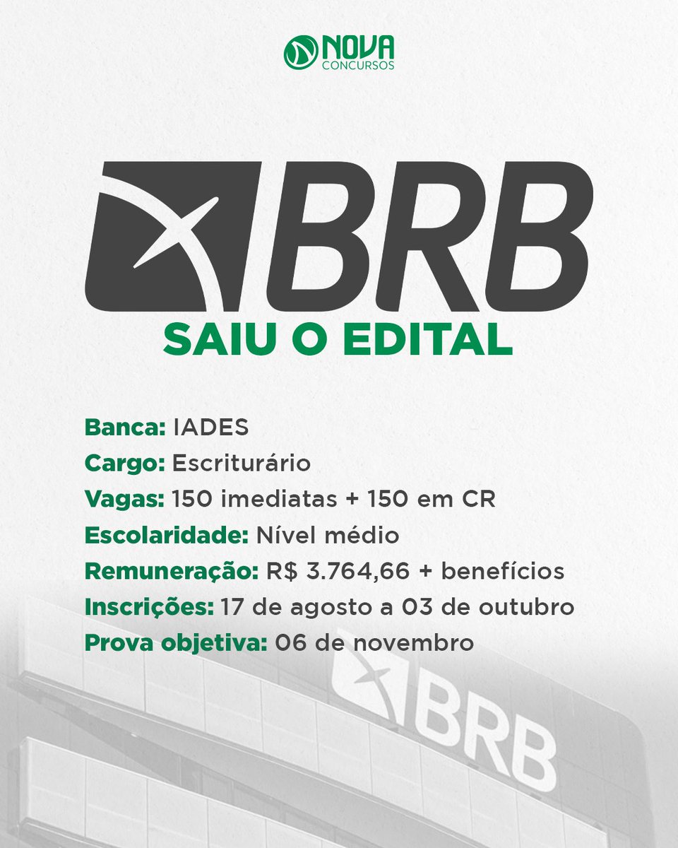 nova_concursos's tweet photo. O edital para o Banco de Brasília acabou de ser publicado! 🚀

E nós preparamos um resumo do edital com informações que você não pode deixar passar. 👊

.
.
#saiuedital #editalbrb #concursobrb #vidadeconcurseiro #carreirabancaria https://t.co/IPRoG0oTNc