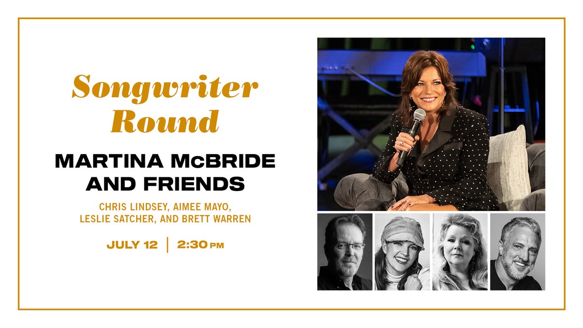I’m excited to host a songwriter round at the @countrymusichof on July 12 with @silvertire @AimeeMayo @LeslieSatcher & Brett Warren (@TheWarrenBros). This is a great opportunity to see my exhibit & then join us to hear the stories behind the music! martinamcbride.lnk.to/CMHOFSongwrite…