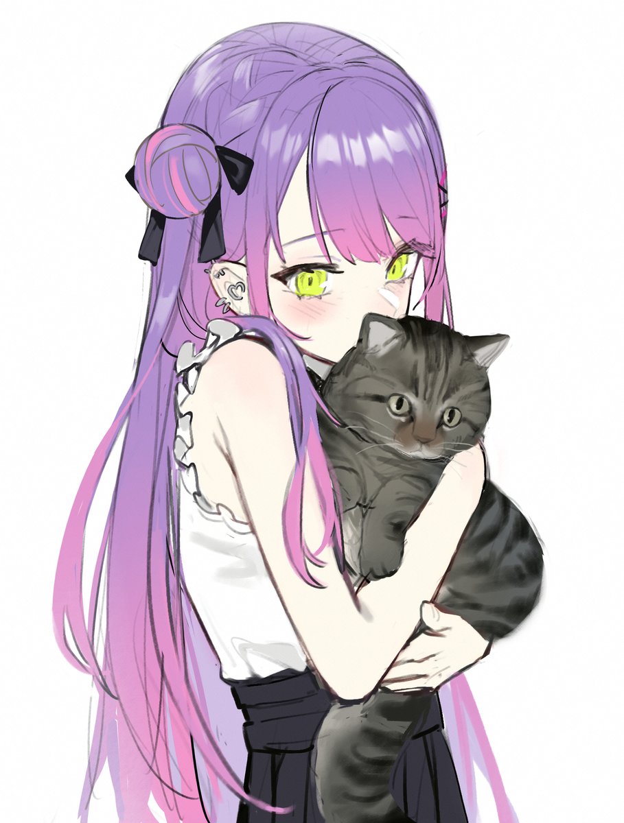 tokoyami towa 1girl cat long hair purple hair holding cat hair bun green eyes  illustration images