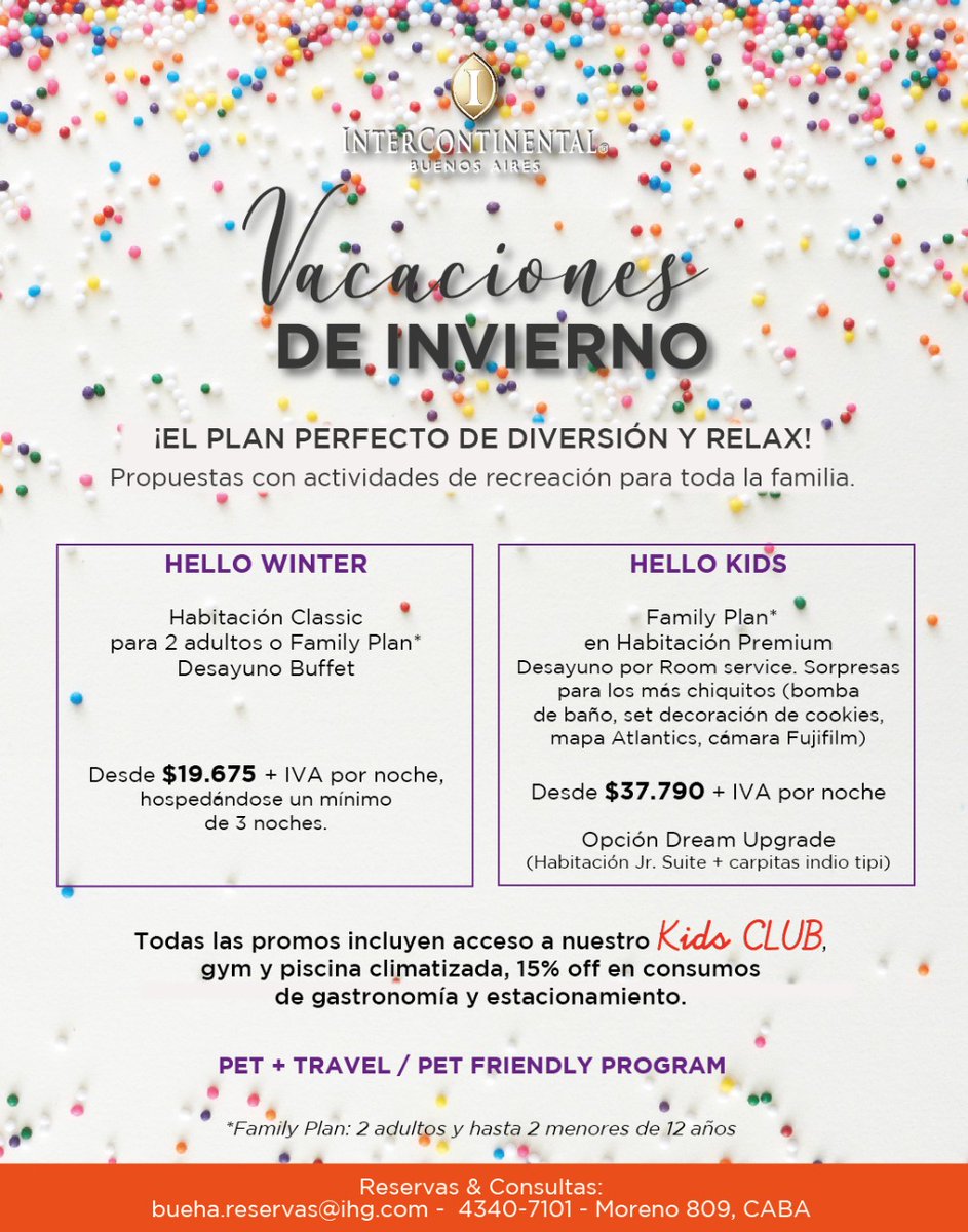 VACACIONES DE INVIERNO

KIDS CLUB del 11 al 31/07
• HELLO WINTER
• HELLO KIDS
3 cuotas sin interés
👉 Consultas &amp; Reservas: bueha.reservas@ihg.com 4340-7101
#InterContinental #InterContinentalLife #Hotel #BuenosAires #Holidays #Familia #hellowinter #hellokids #petfriendly