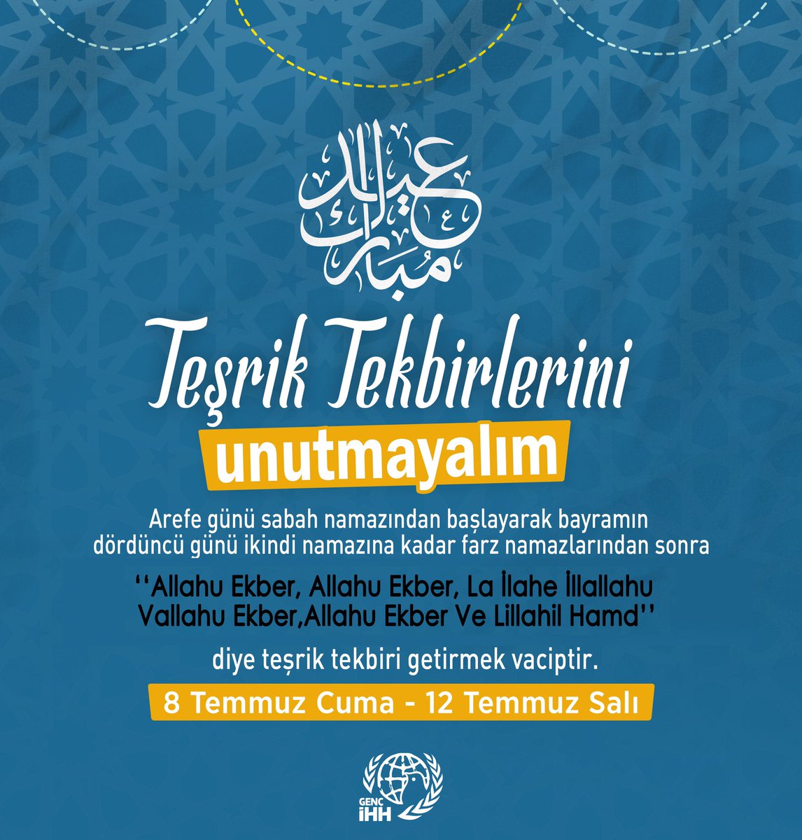 ihhgenc's tweet photo. Teşrik Tekbirlerini Unutmayalım!

Arefe günü sabah namazından başlayarak bayramın dördüncü günü ikindi namazına kadar, farz namazlarından sonra teşrik tekbiri getirmek vaciptir.

#KurbanBayramı
#TeşrikTekbiri https://t.co/BGRHBdfux5