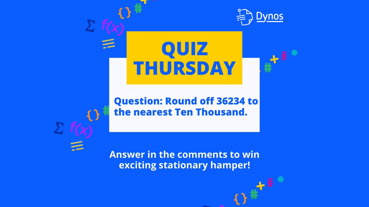 “QUIZ THURSDAY”

Question:- “Round off 36234 to the nearest Ten Thousand”

Hint 💡 bit.ly/studytuesday

💥Follow Us, Answer to this Tweet & Win Exciting Stationary Hamper💥

#edtech #edtechchat #iste22 #edtechindia #studytuesday #quizthursday #edchat #mathchat