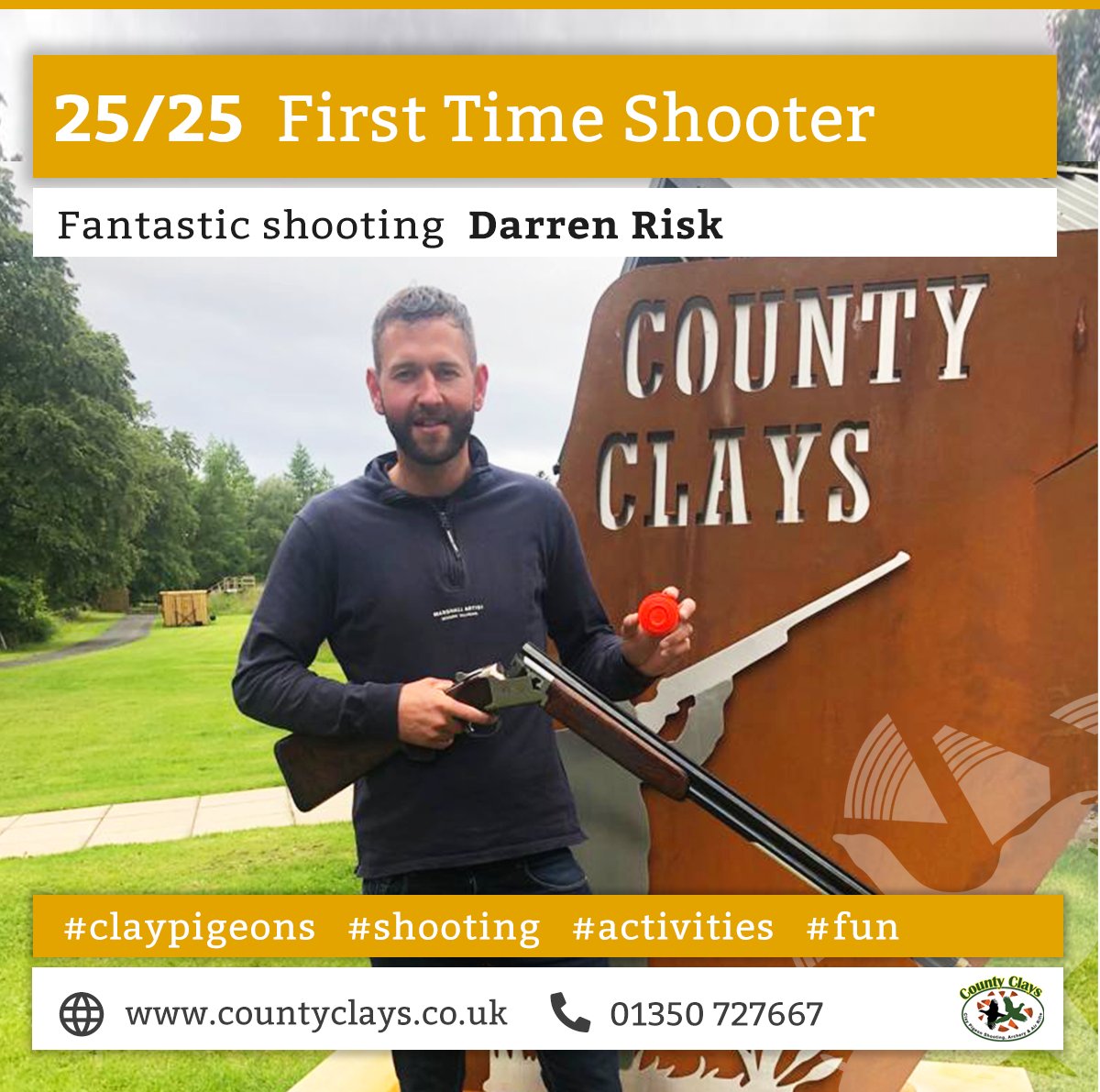 Countyclays's tweet photo. Perfect 25/25 - A fantastic score, shot by Darren Risk.

Our Bruce had the pleasure of instructing Darren Risk for his first shooting experience and Darren looks to be a natural shot! 
Well done - We hope to see you again soon.

#claypigeon #shooting #activities #perthshire https://t.co/kC5aD7Yghi