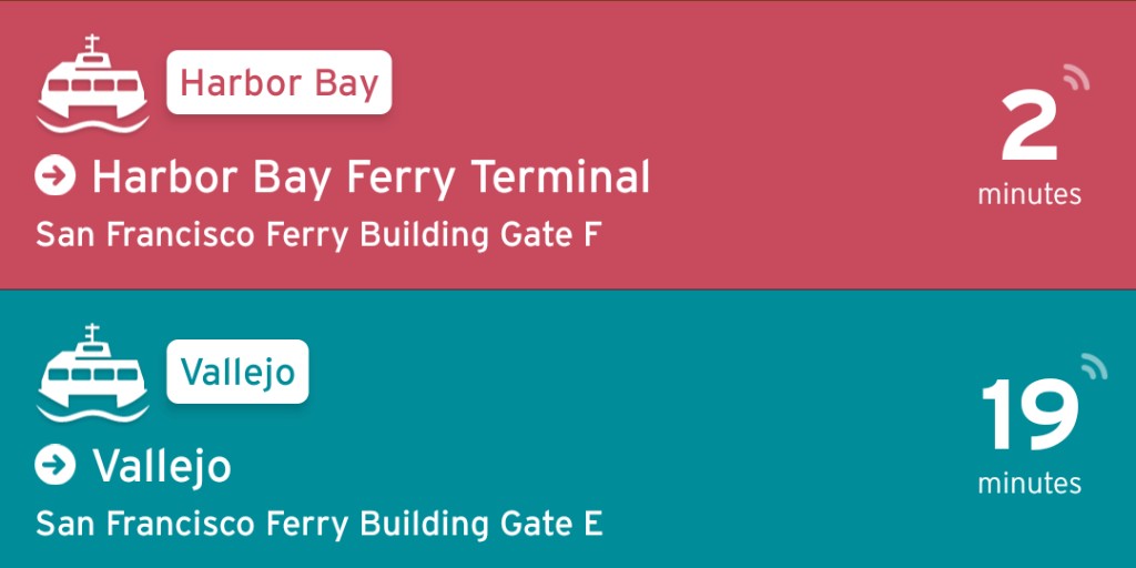If you use @TransitApp for transit info, you may have noticed that ferries are now showing in real-time! Real-time trip info from @Swiftlyinc is being tested and will soon be available online and at terminals for ALL routes! More details here: bit.ly/3wubZLB. #SFBayFerry