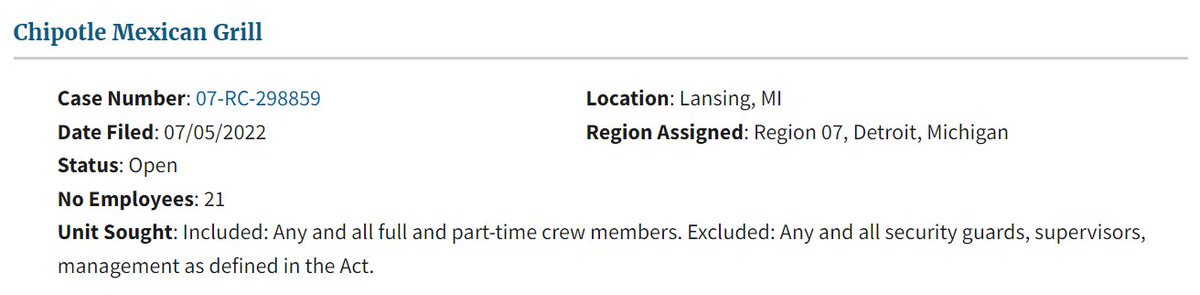 NEW: Workers at Chipotle in Lansing, Michigan are unionizing with <a href="/Teamsters/">Teamsters</a>.