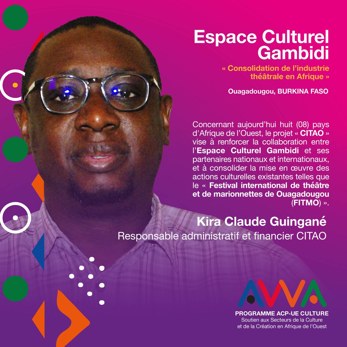 ProgrammeAwa's tweet photo. #Portrait #Bénéficiaire
#BurkinaFaso

Découvrez l' Espace Culturel Gambidi (@gambidi), centre d'accueil, de rencontres et d'échanges artistiques pour la promotion des arts au #BF, dirigé par M.Guingané et porteur du projet "CITAO"

#Métiers #Spectacle #Culture #Art https://t.co/uTNqFGKbvH