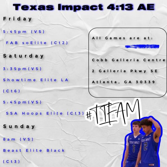 This is my schedule for this weekend in Atalanta <a href="/TexasimpactAE/">Texas Impact 4:13 Academic Elite</a> <a href="/Texasimpact413/">Texas Impact 4:13</a>