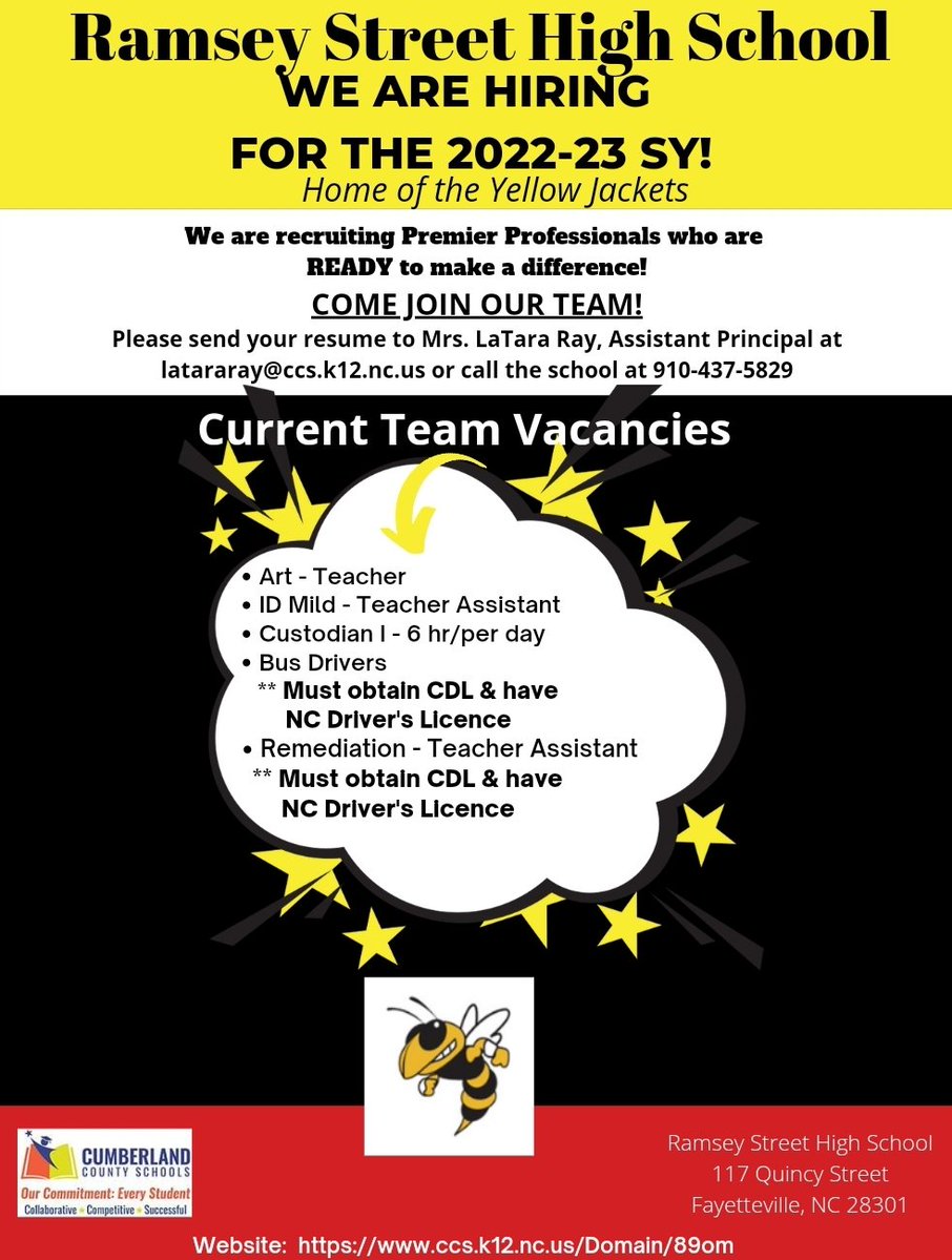 latara_y's tweet photo. We've got Starting Positions on the RSHS Team!!! Please share and pass this information on. Send resumes or questions to AP LaTara Ray. latararay@ccs.k12.nc.us https://t.co/9kMk9LlxqU