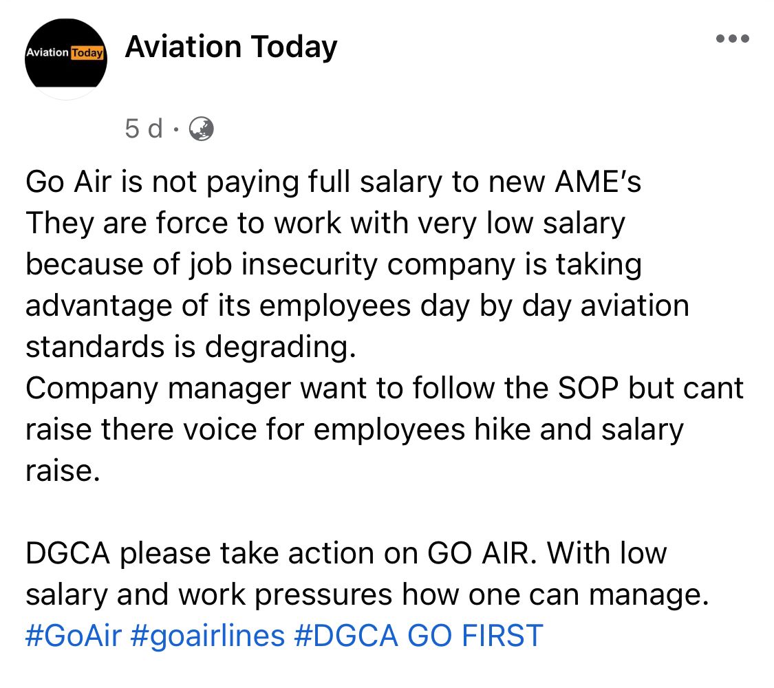 Advneerajdixit's tweet photo. @JM_Scindia @DGCAIndia

Sir please take action on  @GoFirstairways new AME's and  are getting just  25k after fullscope license some of them have 10 years of experience. This is harassment 

It affects their mental stability and surly it will effect the safety of aircraft. https://t.co/3XGmo3Rf0M