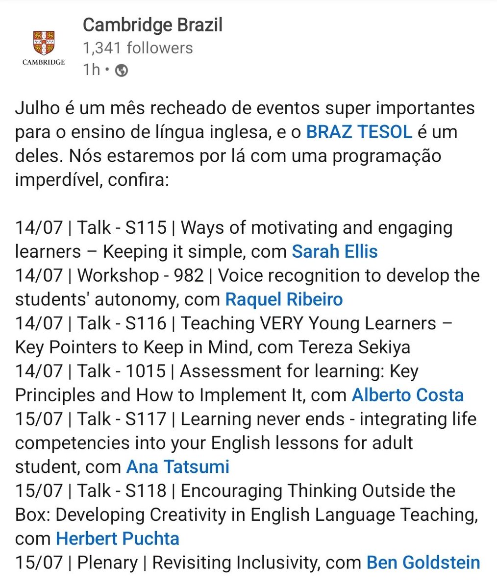 Rach_Ribeiro's tweet photo. Hi Teacher Colleagues!
Looking forward to #btic18 #BrazTESOL 🇧🇷 @braztesol
Hope you can attend my presentation 🙂 on July 14th
@cambridgebrazil 982 
#VoiceRecognition in #ELT 🗣📲 https://t.co/glU1ex9w1h