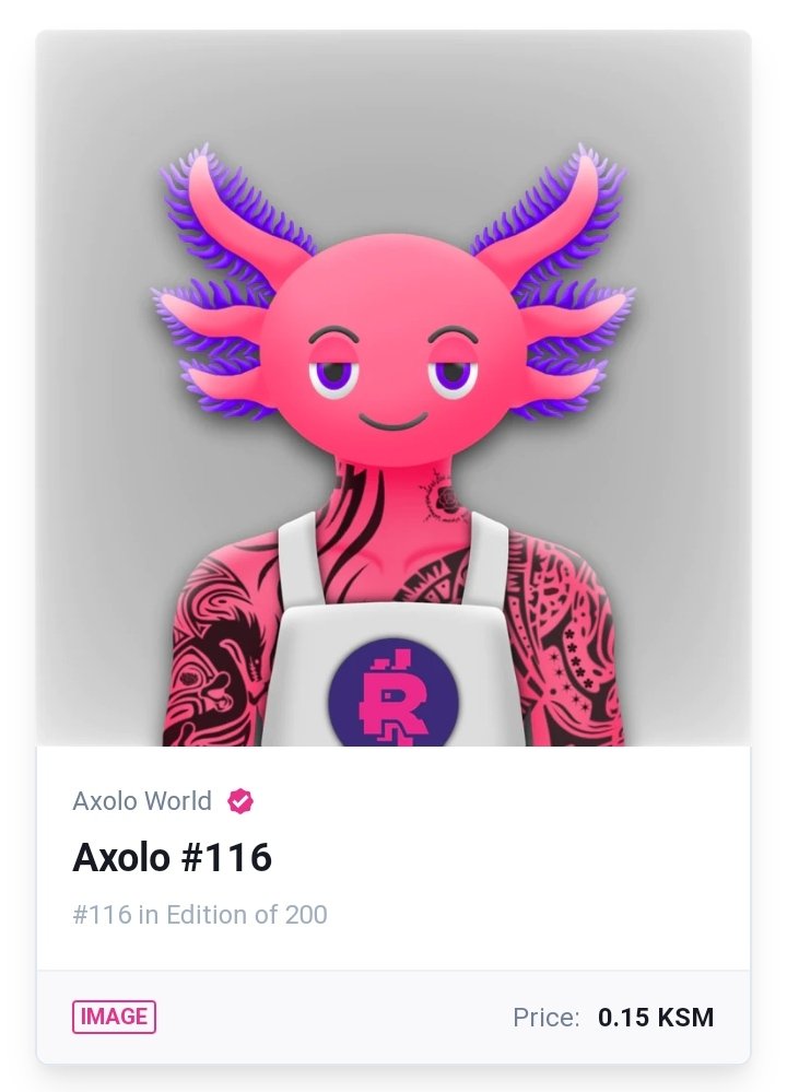 axokel_studio's tweet photo. 📢✨ Announcements!!
New droppp!!! 🔥🔥
#AxoloWorld Common 😎
✨Axolo #116 Common 87/100✨
Sale :
https://t.co/UJHaorfOrT
Check for benefits in Our Website : https://t.co/qEOLlrWlCW
#NFTs #singular #RMRK #ksm #kusama #kusamanfts #dotsama #NFTCommunity #AxoloWorld #NFTdrop https://t.co/Zqzg3OUdpS