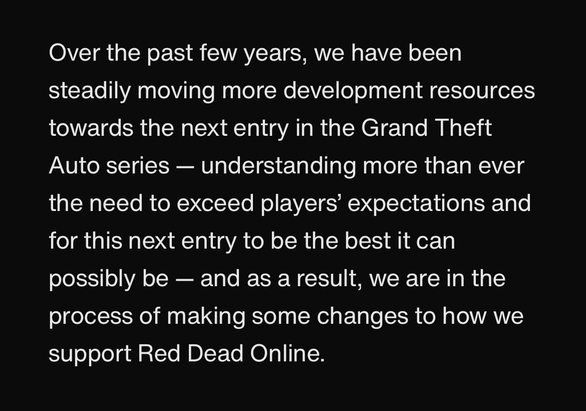 HazardousHDTV's tweet photo. BREAKING: In preparation for the next GTA title, Rockstar is shifting studio wide focus towards it and is also making changes to their support for Red Dead Online. This includes more monthly events, new Telegram missions and other changes. No major DLC updates planned. #RDR2 https://t.co/ycNOHohQJp