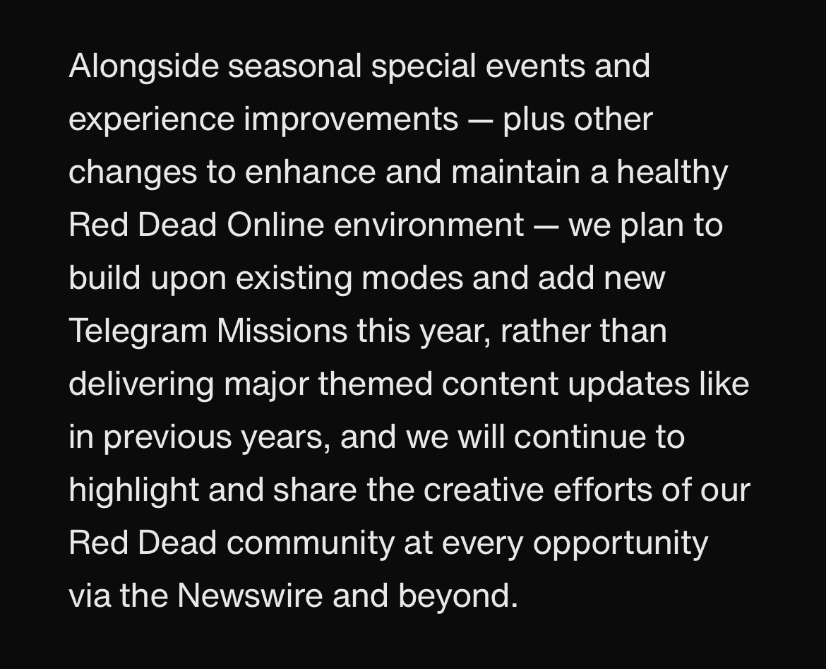 HazardousHDTV's tweet photo. BREAKING: In preparation for the next GTA title, Rockstar is shifting studio wide focus towards it and is also making changes to their support for Red Dead Online. This includes more monthly events, new Telegram missions and other changes. No major DLC updates planned. #RDR2 https://t.co/ycNOHohQJp